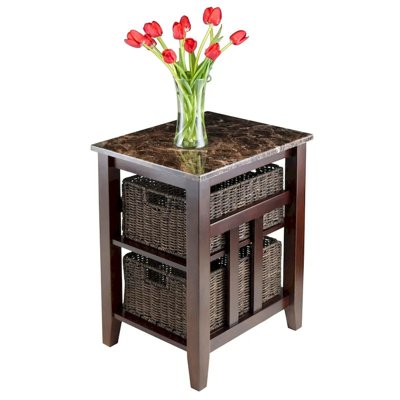 Table d'appoint — Plateau aspect marbre, Deux paniers de rangement inclus