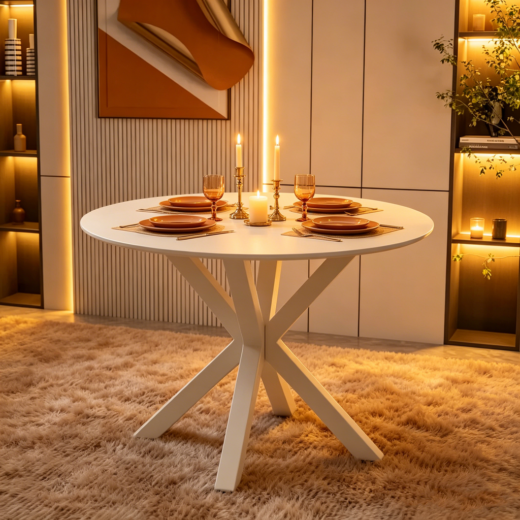 Table à manger ronde minimaliste moderne avec plateau en MDF et pieds en métal