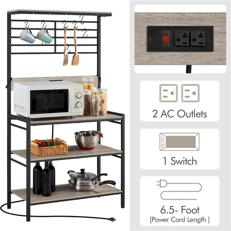 Étagère de rangement de cuisine (avec prises de courant) – Support à micro-ondes à 4 niveaux, gris