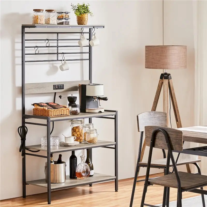 Étagère de rangement de cuisine (avec prises de courant) – Support à micro-ondes à 4 niveaux, gris