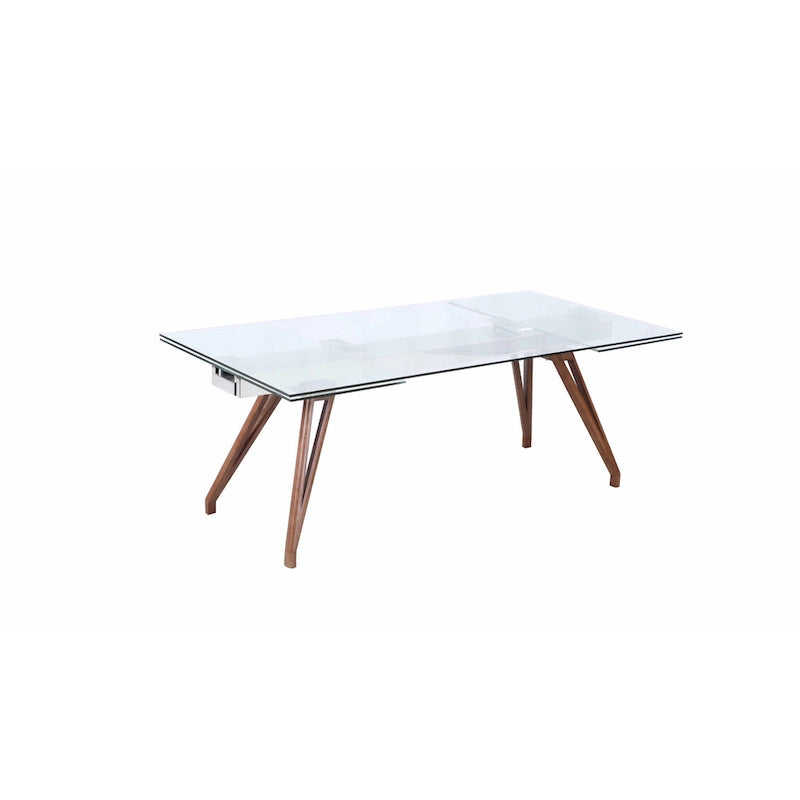 Table de salle à manger moderne — Plateau en verre extensible avec pieds en bois massif