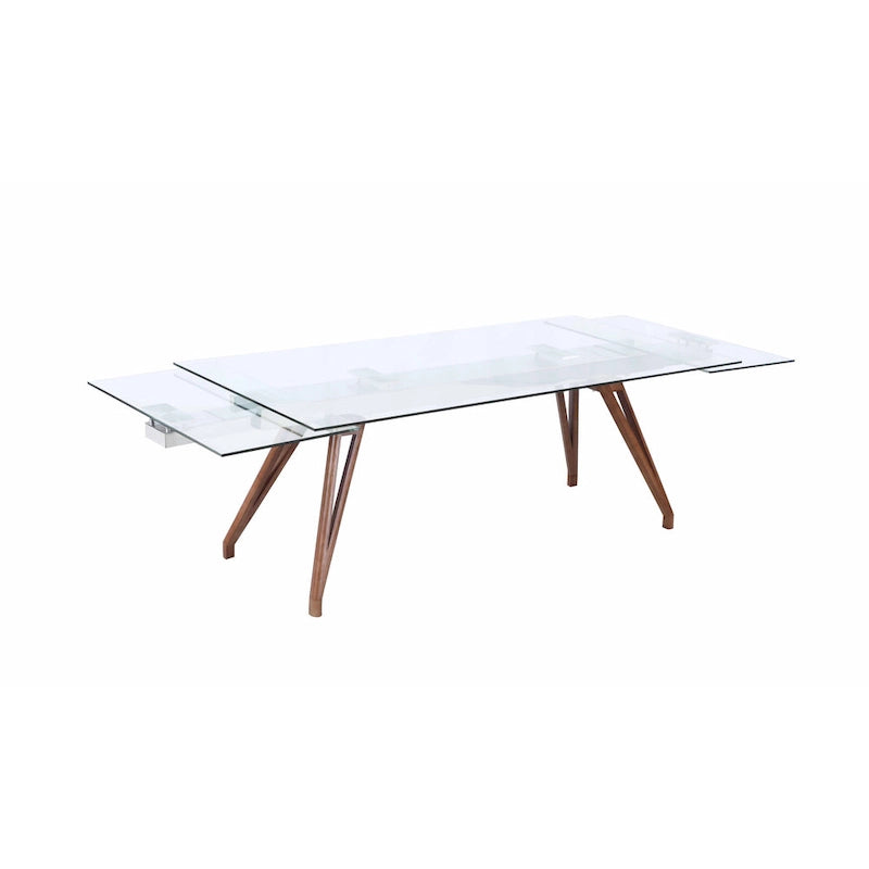 Table de salle à manger moderne — Plateau en verre extensible avec pieds en bois massif