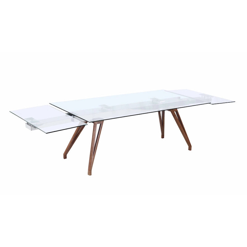 Table de salle à manger moderne — Plateau en verre extensible avec pieds en bois massif