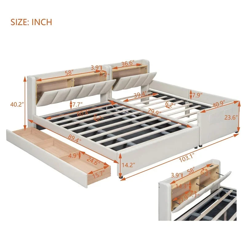 Lit Plateforme Rembourré XL (avec Système de Rangement Hydraulique)