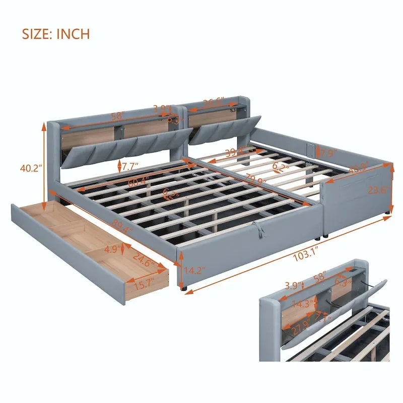 Lit Plateforme Rembourré XL (avec Système de Rangement Hydraulique)