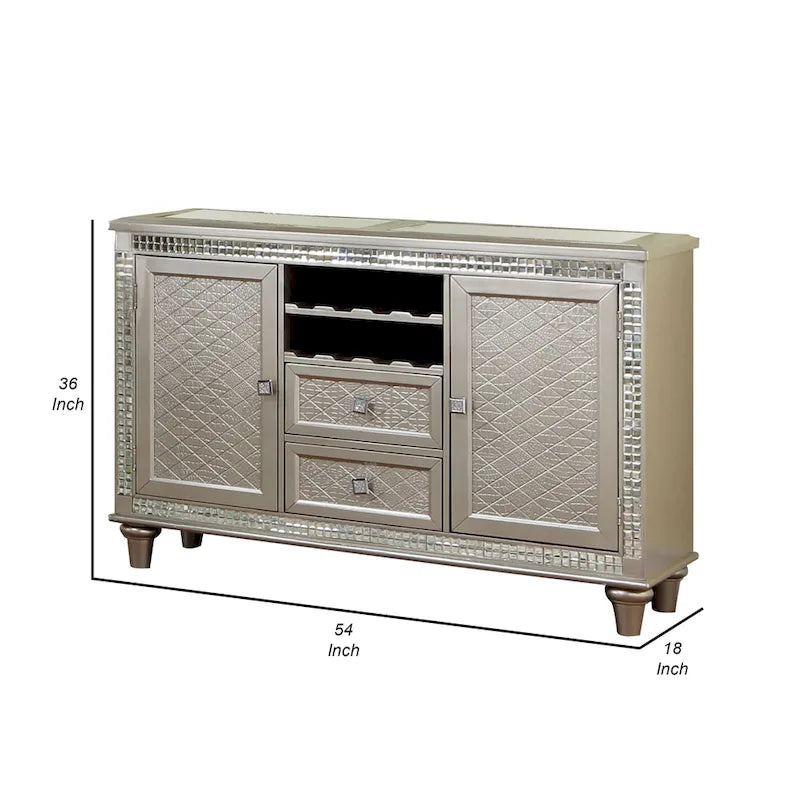 Buffet console de 54 pouces, plateau en verre, touches de miroir, couleur champagne