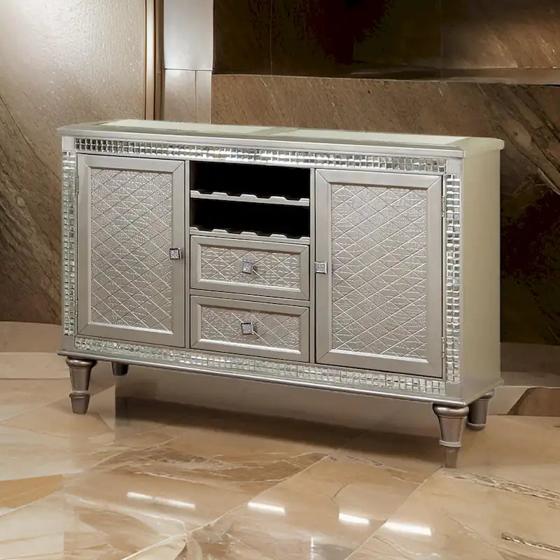 Buffet console de 54 pouces, plateau en verre, touches de miroir, couleur champagne
